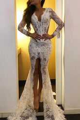 Long Sleeves White Mermaid V-neck Lace Formal Prom Dress with Slit-27Dress